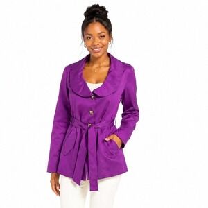 Sandro Studio Purple Techno Fabric Trench Coat Belted Peter Pan Collar L 60-07